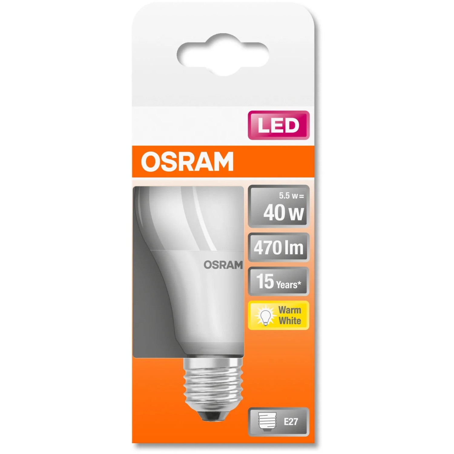 Osram LED-Lampe E27 in Glühlampenform, 4,9W, 470lm, warmweiß, im Karton.