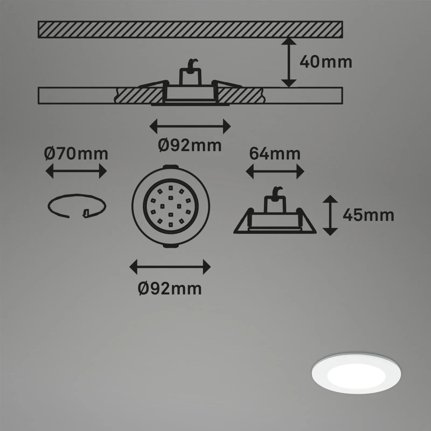 Skizze der Briloner LED Einbaustrahler Maße, dimmbar, RGB CCT, für Bad geeignet.