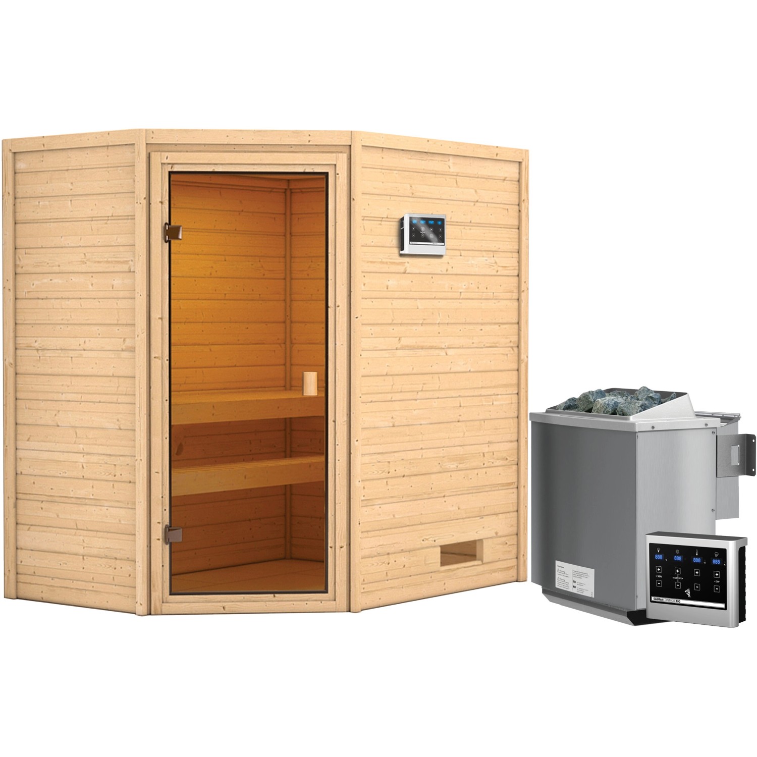 Woodfeeling Sauna Jella inkl. 9 kW Bio-Ofen mit ext. Strg., Glastür Bronziert