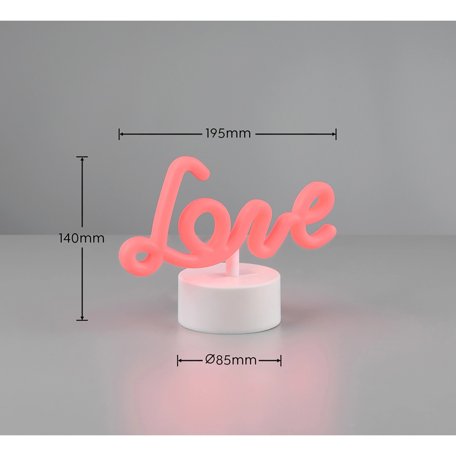 Weiße Reality LED-Tischleuchte Amor mit rosafarbenem "Love" Schriftzug, Maße 14x19,5 cm.