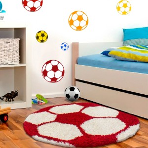 Runder, roter Ayyildiz Kinderteppich Fun 6001 mit Fußballmuster, Durchmesser 100 cm.