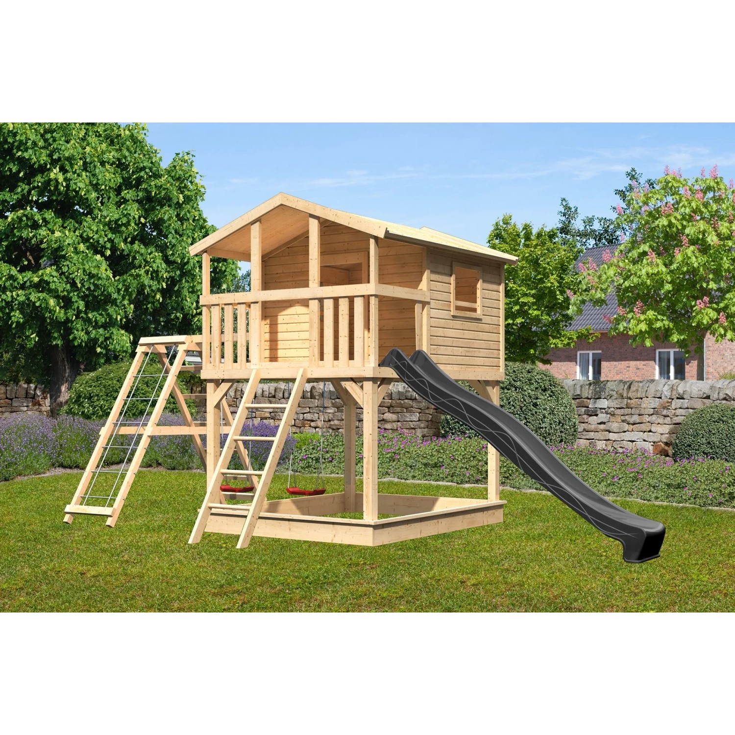 Karibu Stelzenhaus Benjamin mit Rutsche, Schaukel und Netzrampe in Anthrazit im Garten.