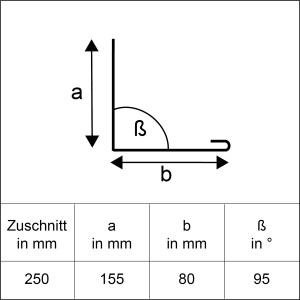 Skizze Winkelblech Alu Natur 250x1000 mm mit Wasserfalz, Maße a, b, Winkel