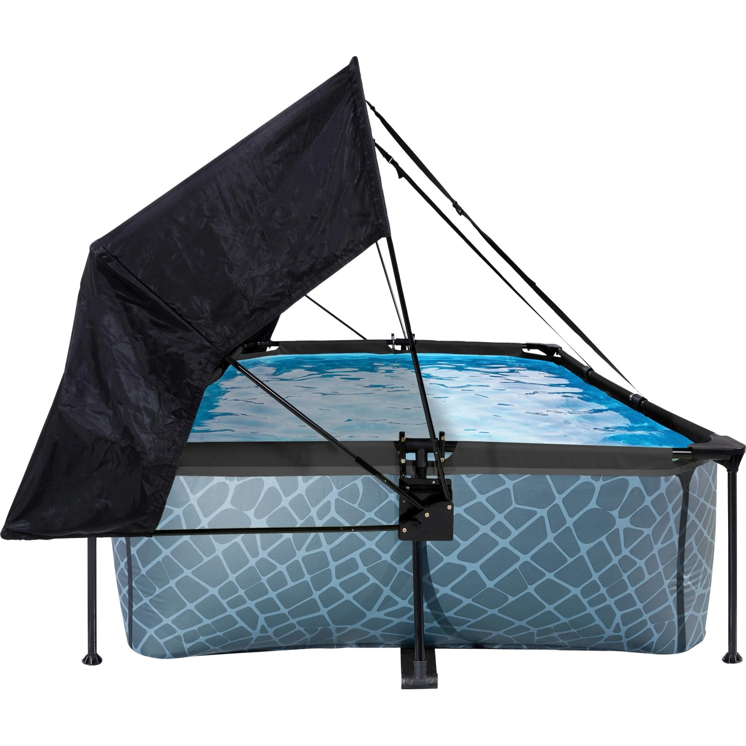 Grauer EXIT Stone Pool 220x150 mit Sonnensegel und Filterpumpe.