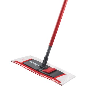 Vileda Wischmat Extra Flachwischer mit rotem Teleskopstiel und Mikrofaser-Wischbezug.