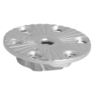 Silberner, runder Metall-Tischbeinverbinder für eckige Möbelbeine, mit Schraublöchern und strukturiertem Design.