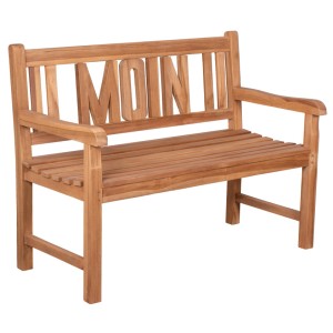 Gartenbank Moin aus Teakholz, 120 cm breit, mit eingefrästem "Moin" Schriftzug im Rückenteil.