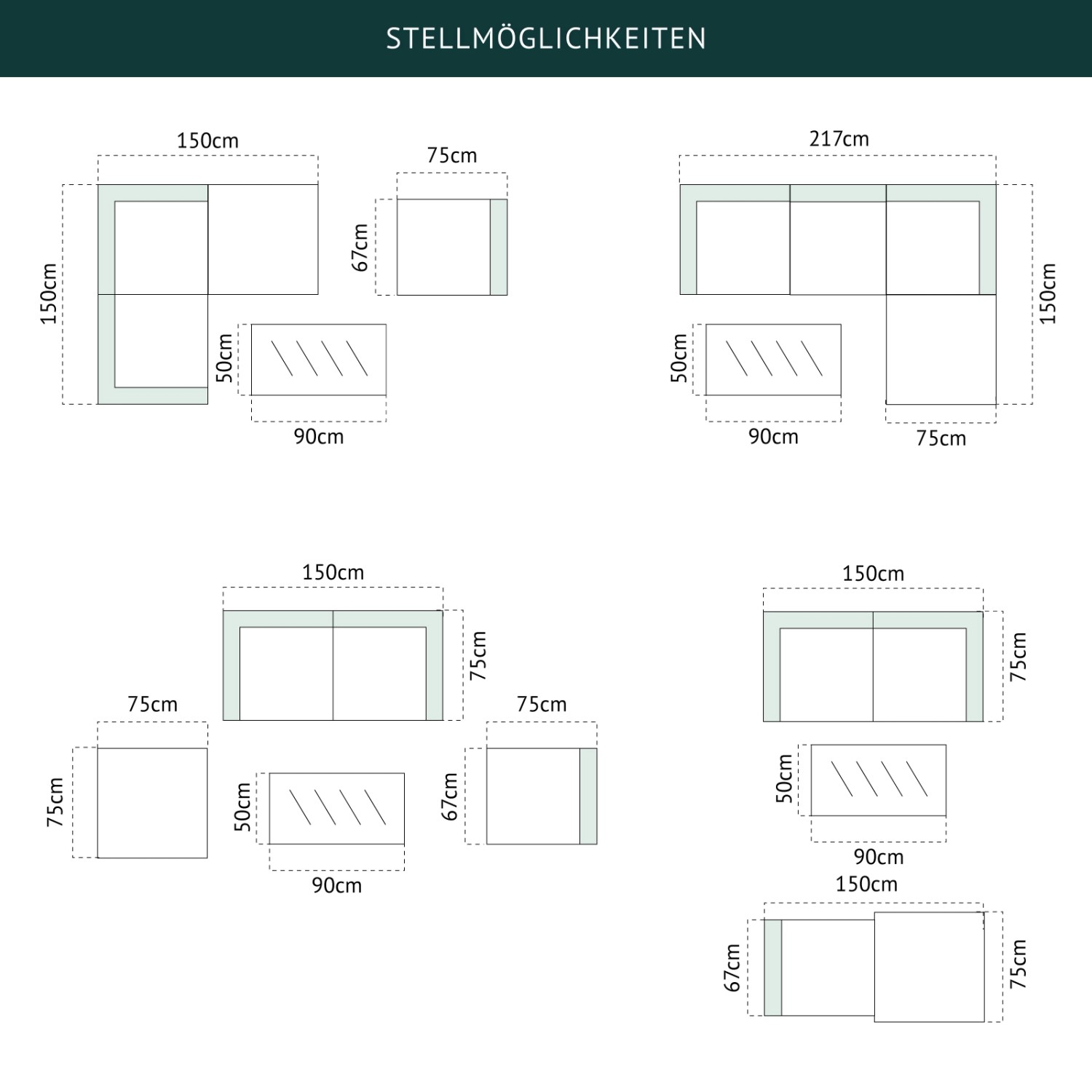 Skizze verschiedener Stellmöglichkeiten der grauen Svita California XL Gartenlounge aus Polyrattan.