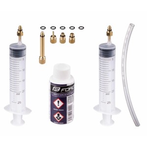 Force Entlüftungsset für Avid/Hayes Bremsen mit Spritzen, Schlauch, Adaptern und DOT4-Flüssigkeit.