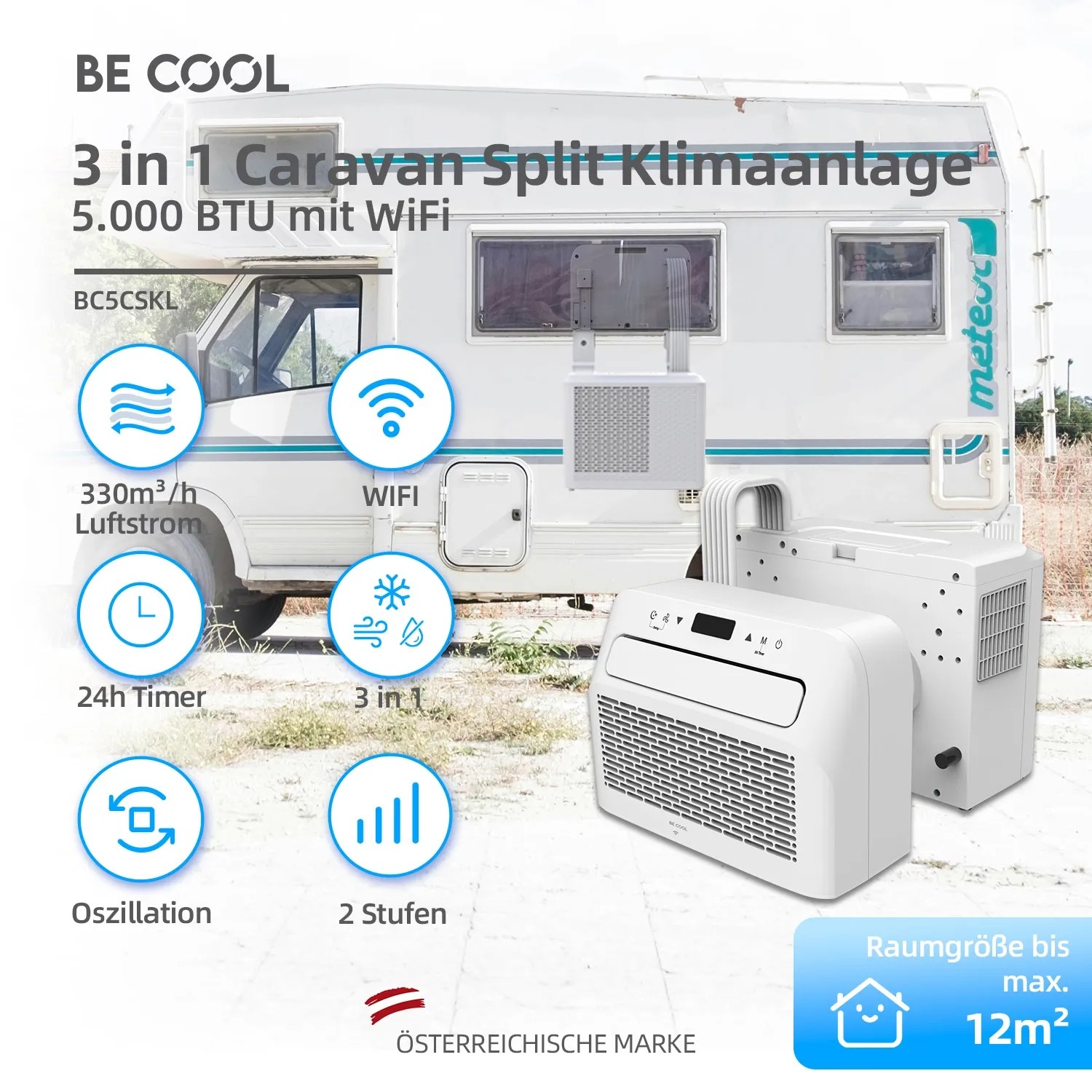 BE COOL 3in1 Caravan Split-Klimagerät (5.000 BTU) mit WiFi vor Wohnwagen. Mobile Klimaanlage für Camping.