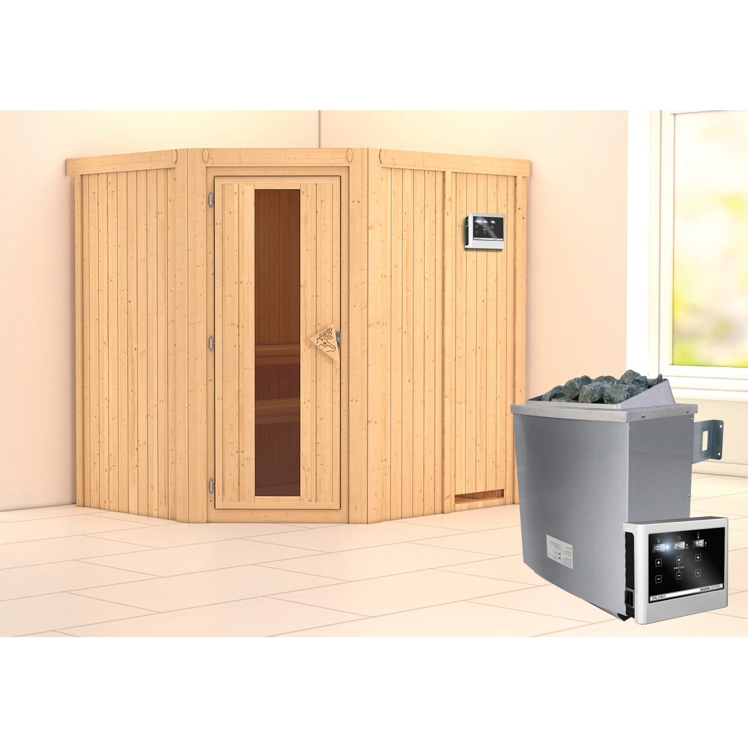 Karibu Sauna-Set Swenna mit Ofen und Steuerung. Elementsauna aus Fichte mit Glastür und Saunaofen.