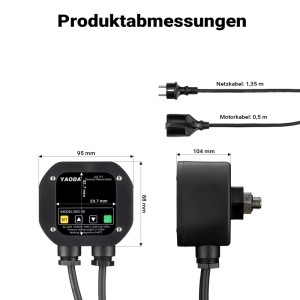Wiltec elektronischer Druckschalter, schwarz, mit Maßen 95x88x104mm, Bedienfeld, Netzkabel 1,35m und Motorkabel 0,5m.