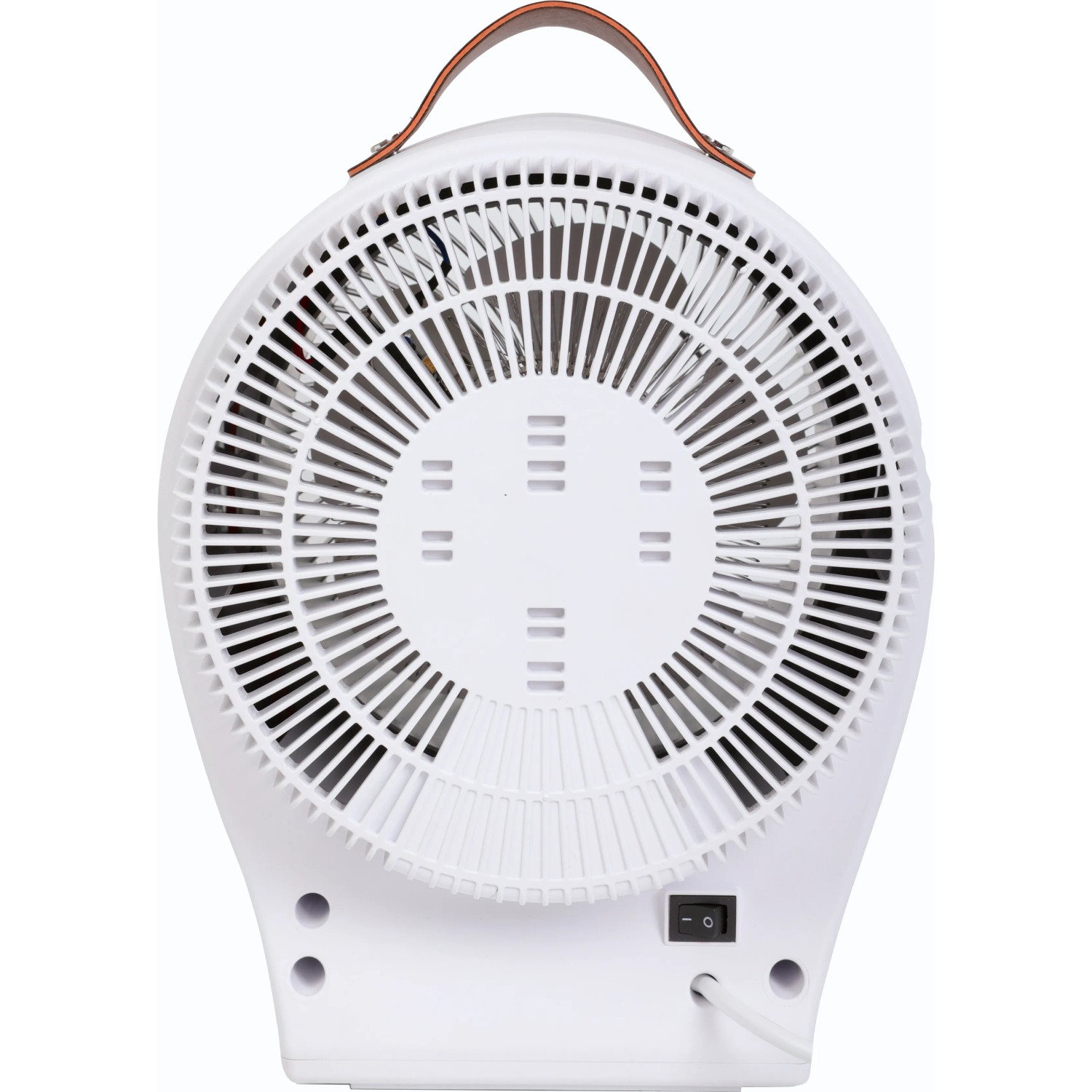Weißer 2in1 Heizlüfter und Ventilator mit Tragegriff, Rückansicht.