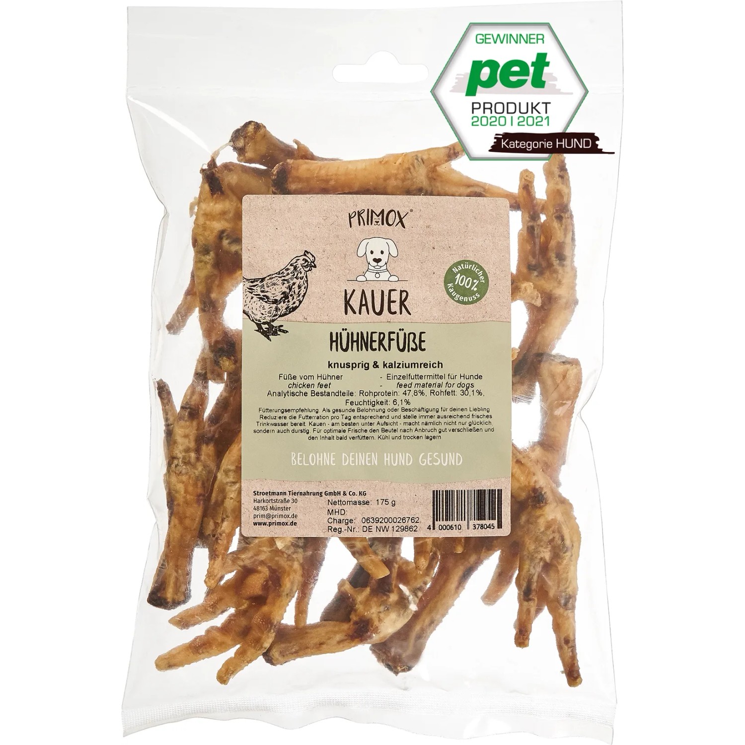 Primox Hunde-Snack Hühnerfüße, getrocknet, im transparenten Beutel. Natürlicher Kausnack für Hunde.