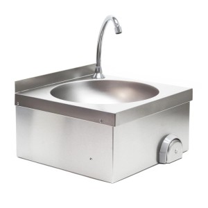 Edelstahl Gastro Handwaschbecken mit rundem Becken, glänzendem Wasserhahn und Kniebedienung für Hygiene.