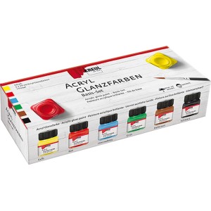 Kreul Acryl Glanzfarben Basis Set mit 6 Farben (Gelb, Rot, Blau, Grün, Braun, Schwarz) im Malkasten.