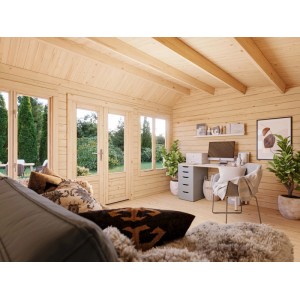Innenansicht: Palmako Gartenhaus Claudia Pent, 400x300 cm, grau, mit Fenster und Büroeinrichtung.
