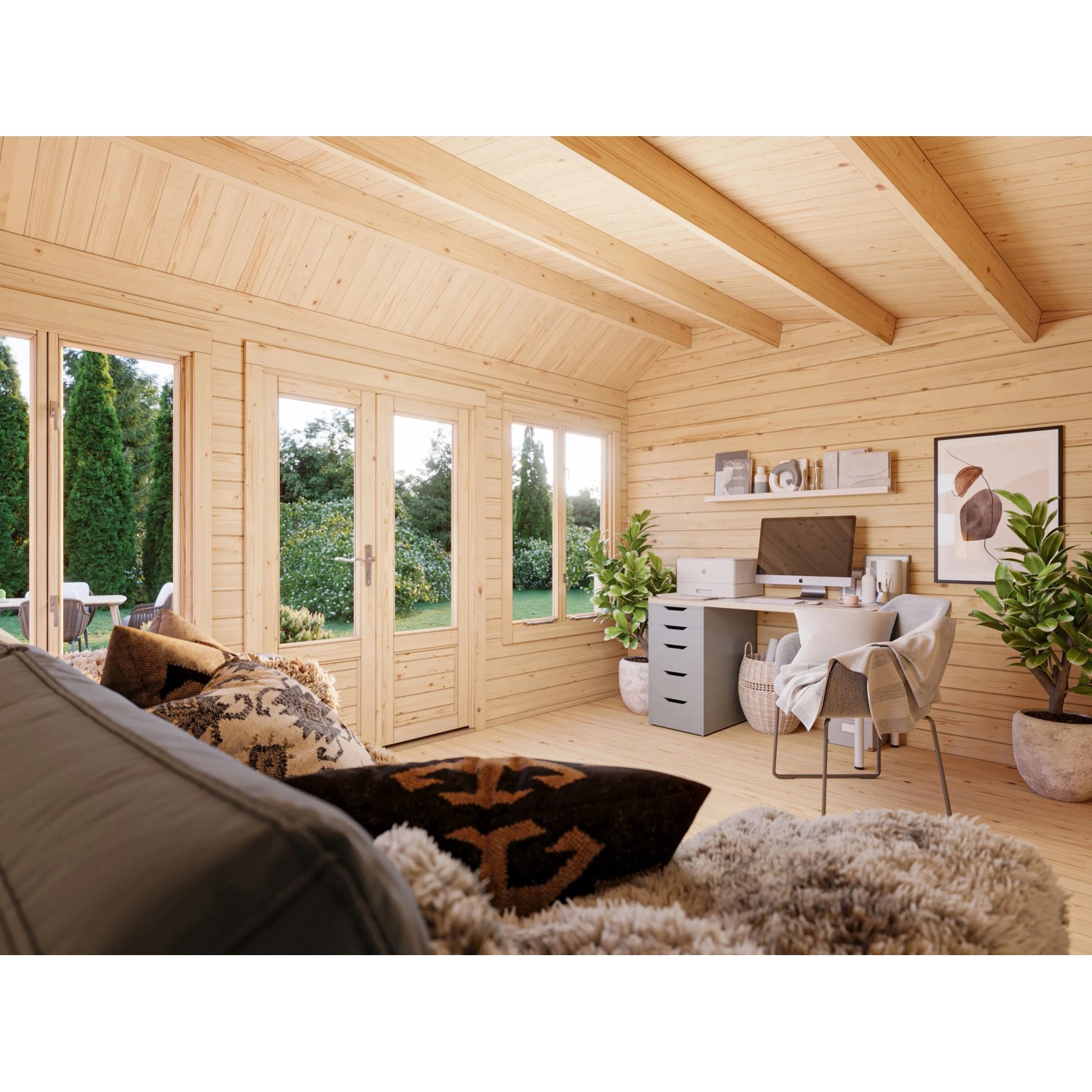 Innenansicht: Palmako Gartenhaus Claudia Pent, 400x300 cm, grau, mit Fenster und Büroeinrichtung.