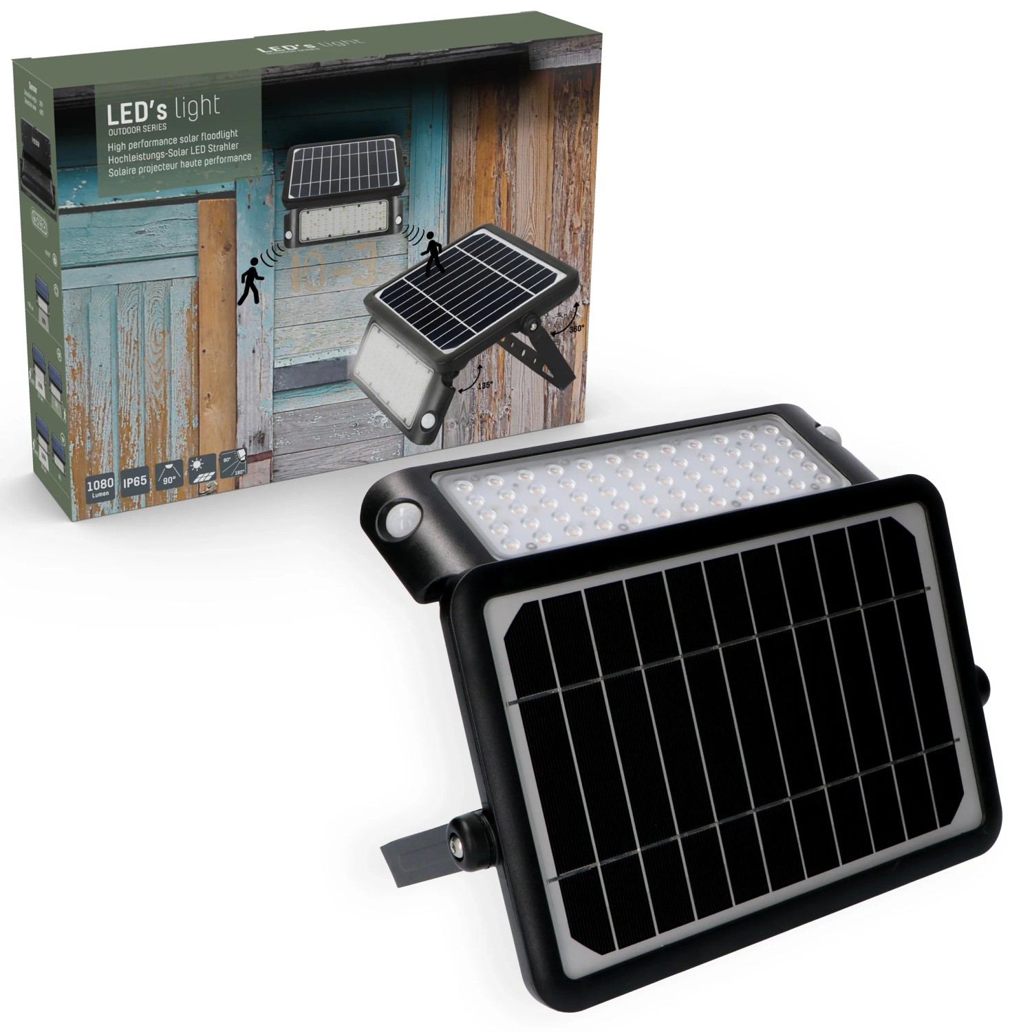 Schwarze LED Solar-Außenleuchte mit Sensor, 10W, 1080lm, 3000K. Ideal als Flutlicht für den Garten.