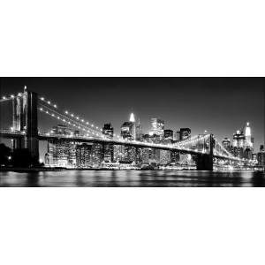Dekopanel Nightlife II: Schwarz-weißes Bild der Skyline mit Brücke bei Nacht, 50x125 cm.