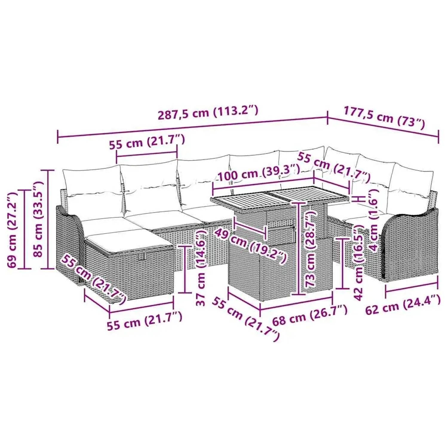 Graues 9-teiliges vidaXL Garten-Sofa-Set mit Kissen und Stauraum aus Polyrattan.