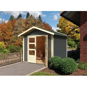 Karibu Holz-Gartenhaus Tessin 1, terragrau, mit Doppeltür und Boden. Gartenhütte aus Holz.