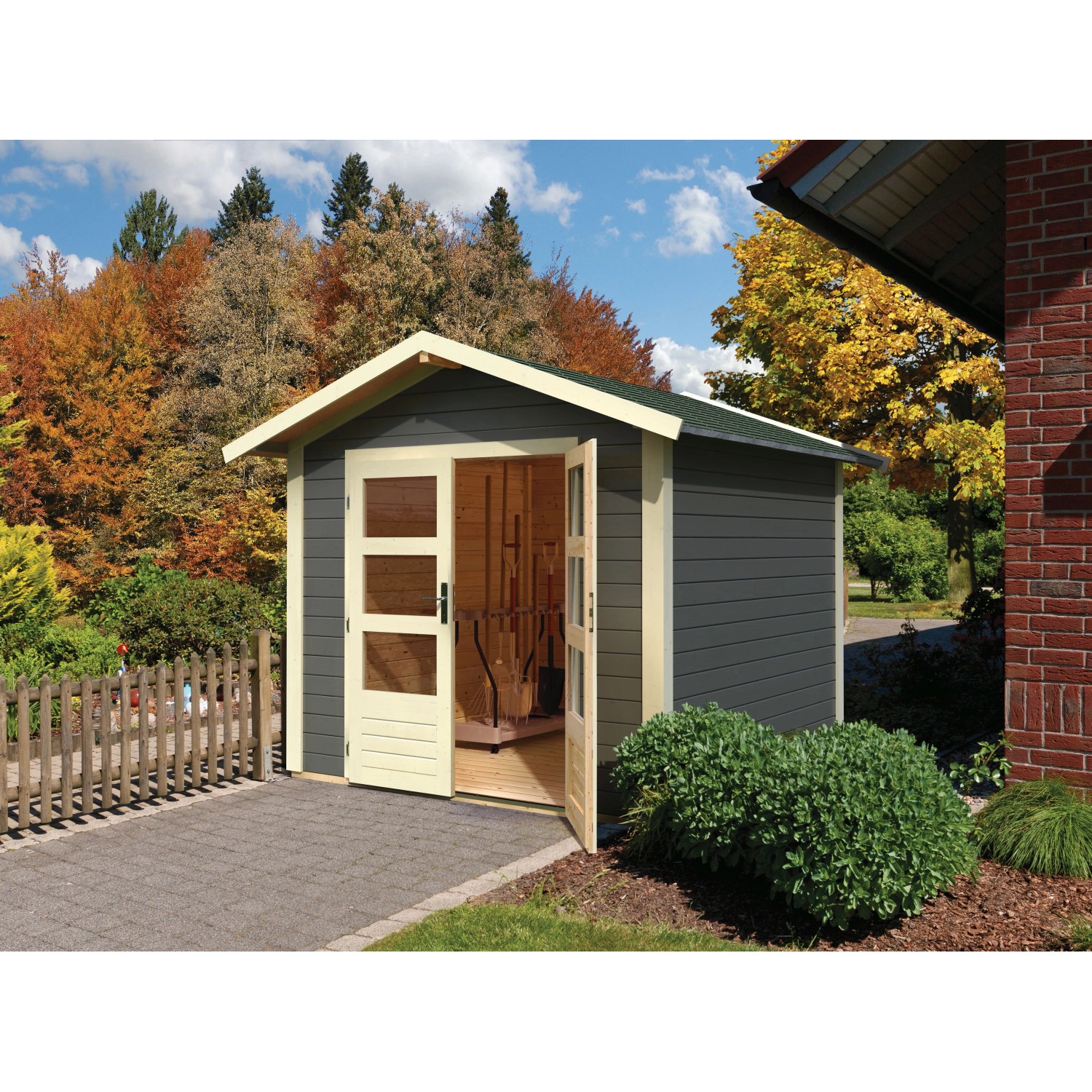 Karibu Holz-Gartenhaus Tessin 1, terragrau, mit Doppeltür und Boden. Gartenhütte aus Holz.