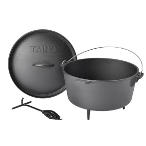 Taino Dutch Oven 8L Set aus Gusseisen mit Deckel, Heber und Ständer. Grillzubehör.