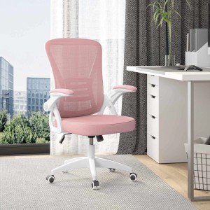 Pinker ergonomischer Bürostuhl mit atmungsaktiver Mesh-Rückenlehne, klappbaren Armlehnen und Höhenverstellung im Büro.