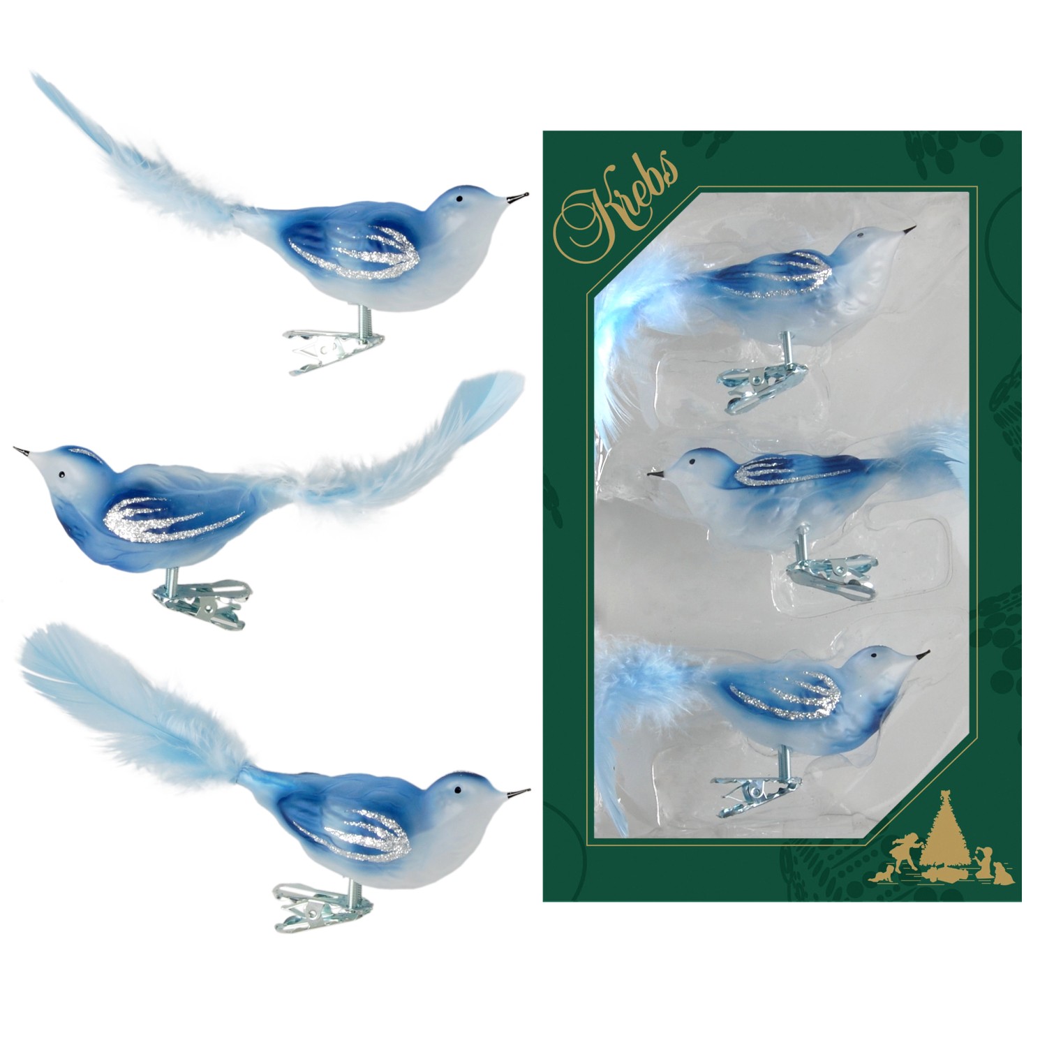 Krebs Glas Lauscha Weihnachtsornamente Vögel Blau 3er-Set 7cm