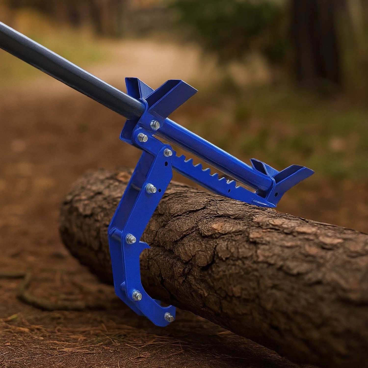 Blauer Xpotool 5-in-1 Holzheber hebt einen Baumstamm im Wald. Multifunktionaler Stammheber für Forstarbeiten.