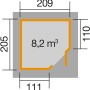 Grundriss Weka Gartenhaus 229, unbehandelt, mit Maßen. Ideal für die Planung Ihres Holz-Gartenhauses.