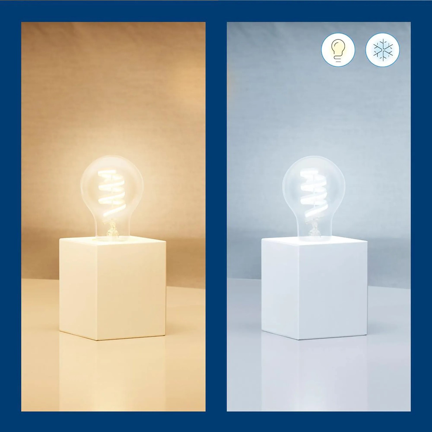 WIZ E27 LED-Lampe mit warmweißem und kaltweißem Licht auf einem weißen Sockel.