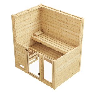 Weka Massivholzsauna Valida 2 Sparset mit Glastür und Fenster, Innenansicht mit Liegeflächen.