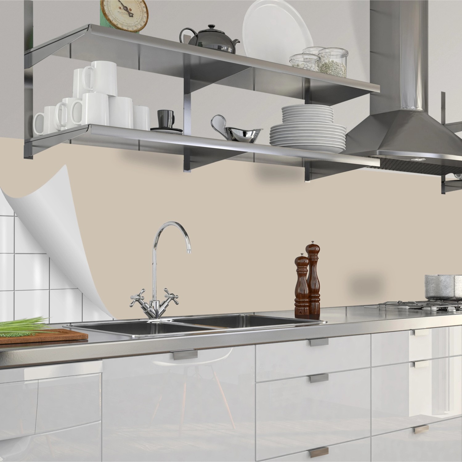 Küchenrückwandfolie Perlweiß, selbstklebend, 280x60cm, als Spritzschutz in moderner Küche.