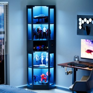 Schwarze Eck-Glasvitrine mit blauer LED-Beleuchtung, 5 Fächer für Sammlerstücke. Ideal für Dekoration und Stauraum.