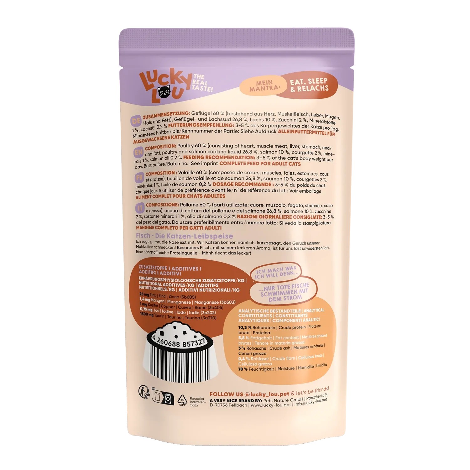 Lucky Lou Katzen-Nassfutter Adult Geflügel & Lachs, 125g Packung.