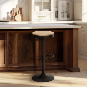 CLP Barhocker Pitas Ulmenholz Natura mit schwarzem Metallgestell, höhenverstellbar. Perfekt für Küche & Bar.