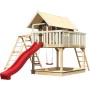 Karibu Stelzenhaus Fidel terragrau mit Schaukel, Klettergerüst, Netzrampe und roter Rutsche.