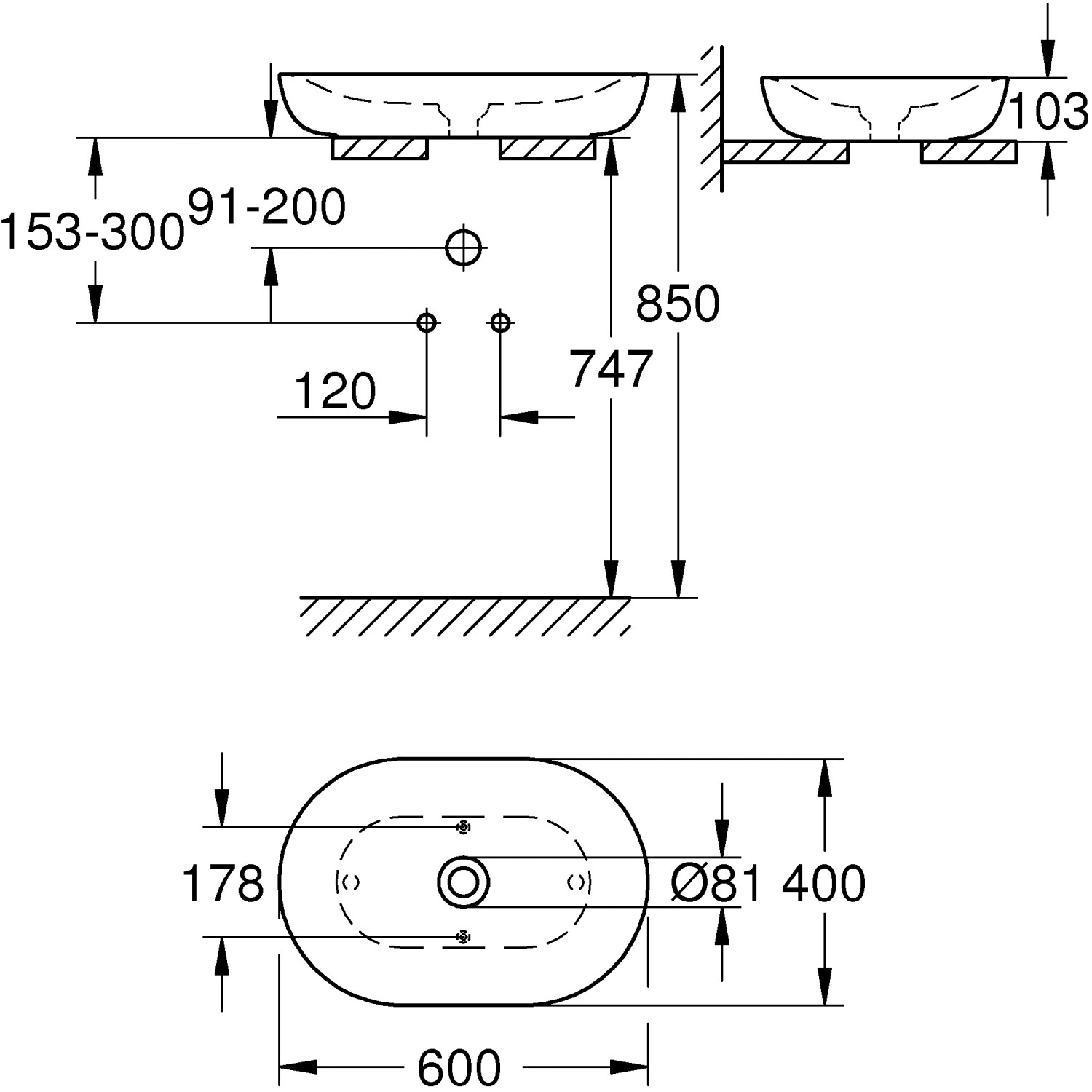 Technische Zeichnung: Grohe Essence Aufsatzwaschbecken, 60 cm, Alpinweiß, Maße und Details.