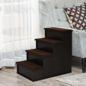 PawHut Haustiertreppe mit 4 Stufen, dunkelbraun, mit Teppich belegt.