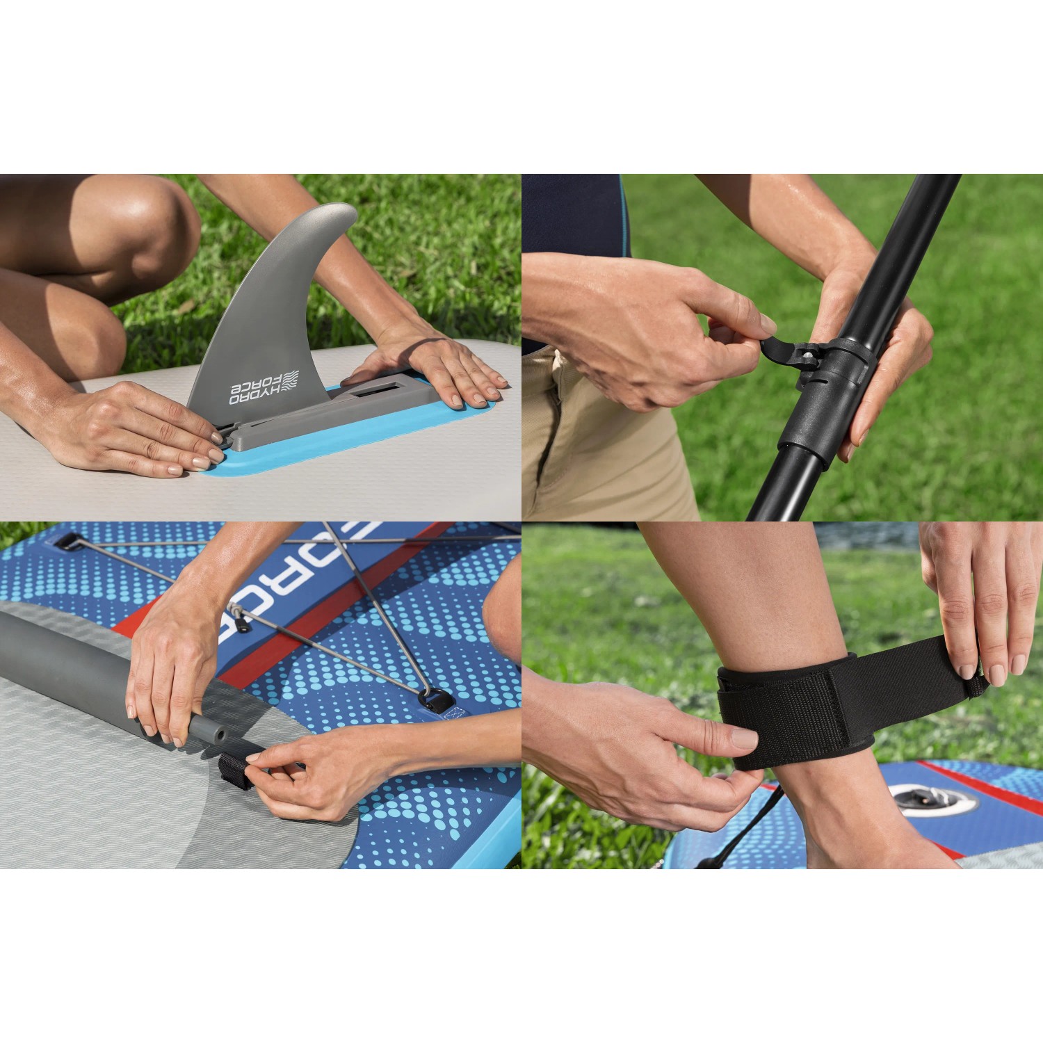 Bestway SUP Board Oceana: Details zu Finne, Paddel, Leine und Sitzmontage.