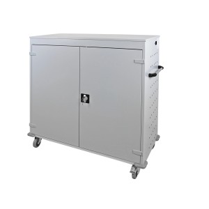 Lichtgrauer PROREGAL Notebookwagen mit 30 Fächern, abschließbar und mobil, ideal für Büro und Schule.