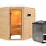 Karibu Sauna Elea Set mit Ofen und Steuerung, naturbelassene Massivholzsauna mit Eckeinstieg.