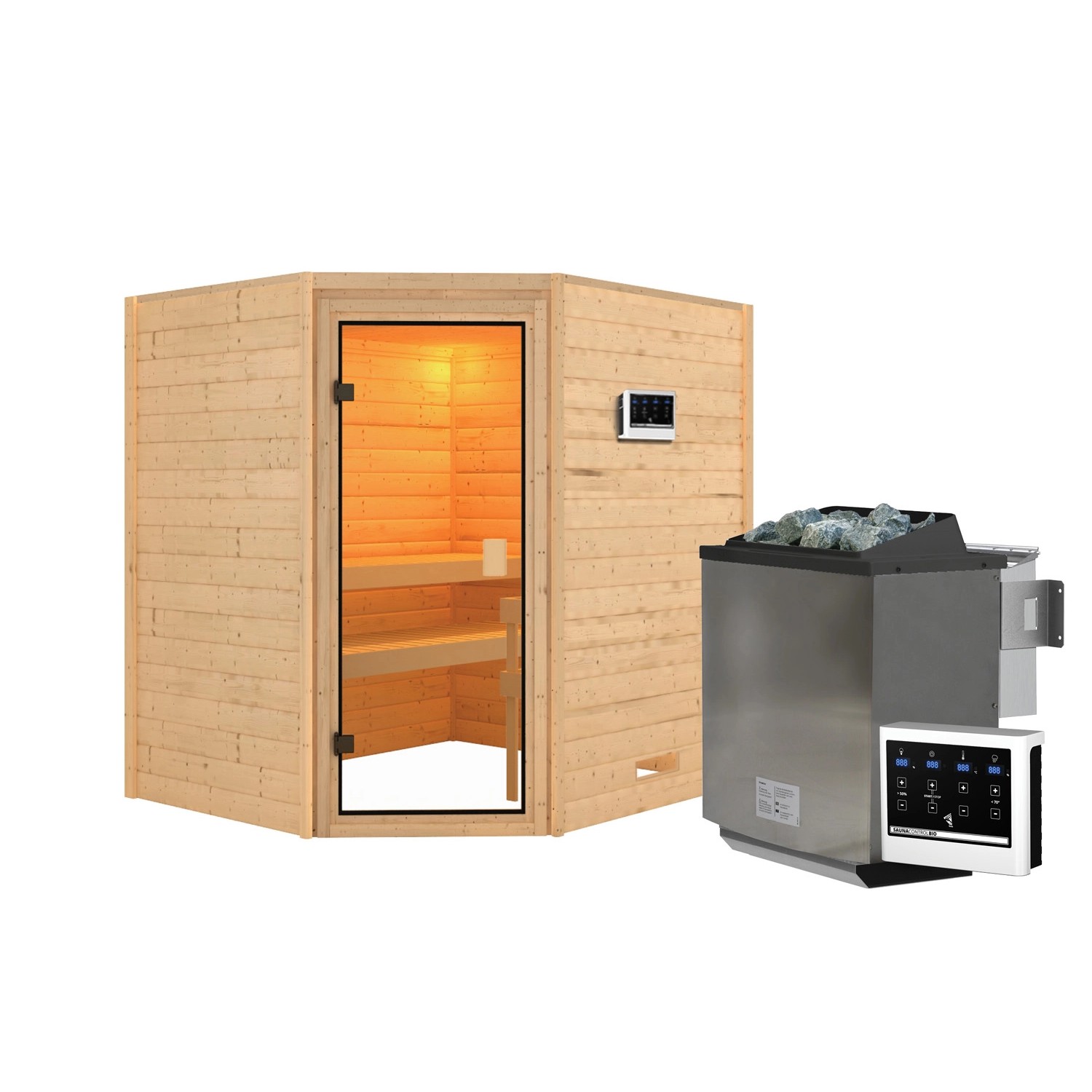 Karibu Sauna Elea Set Naturbelassen mit Ofen 9 kW Bio ext. Steuerung