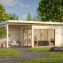 Palmako Gartenhaus Andrea Slide, grau tauchgrundiert, mit Schiebetüren und überdachtem Anbau.