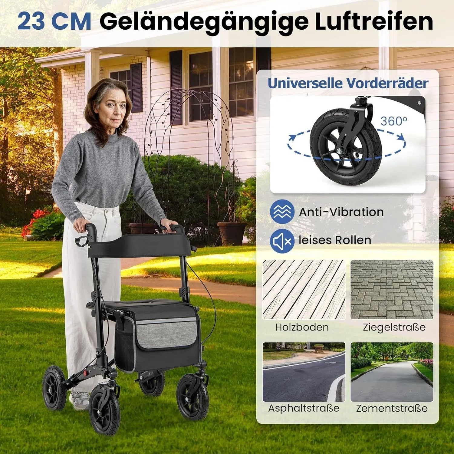 Costway Rollator mit Luftreifen, faltbar und höhenverstellbar, im Einsatz mit Nutzerin.