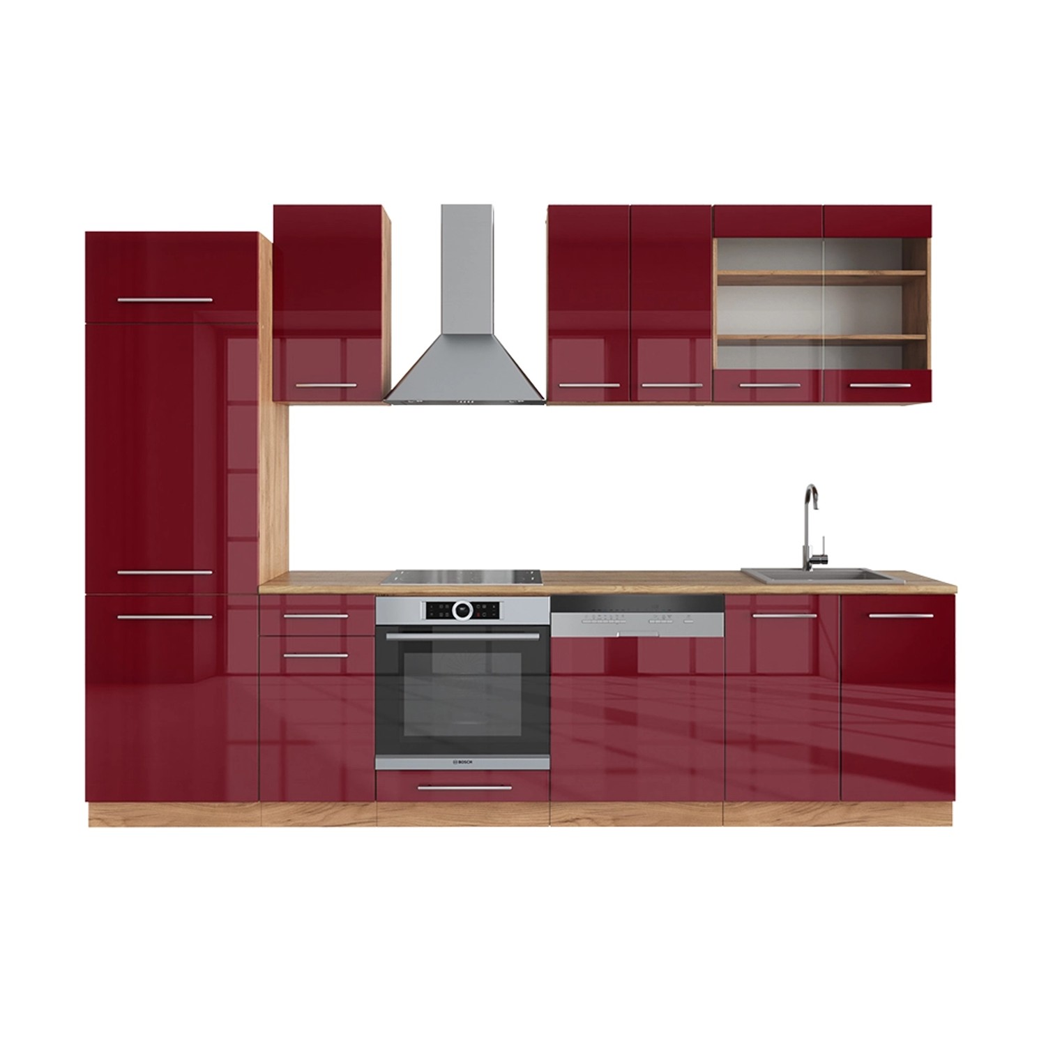 Vicco Fame-Line Küchenzeile Bordeaux Hochglanz/Goldkraft Eiche 300 cm ohne günstig online kaufen
