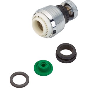 Verchromter Wassersparer mit Kugelgelenk M22/M24 und Adaptern für Mischdüsen.