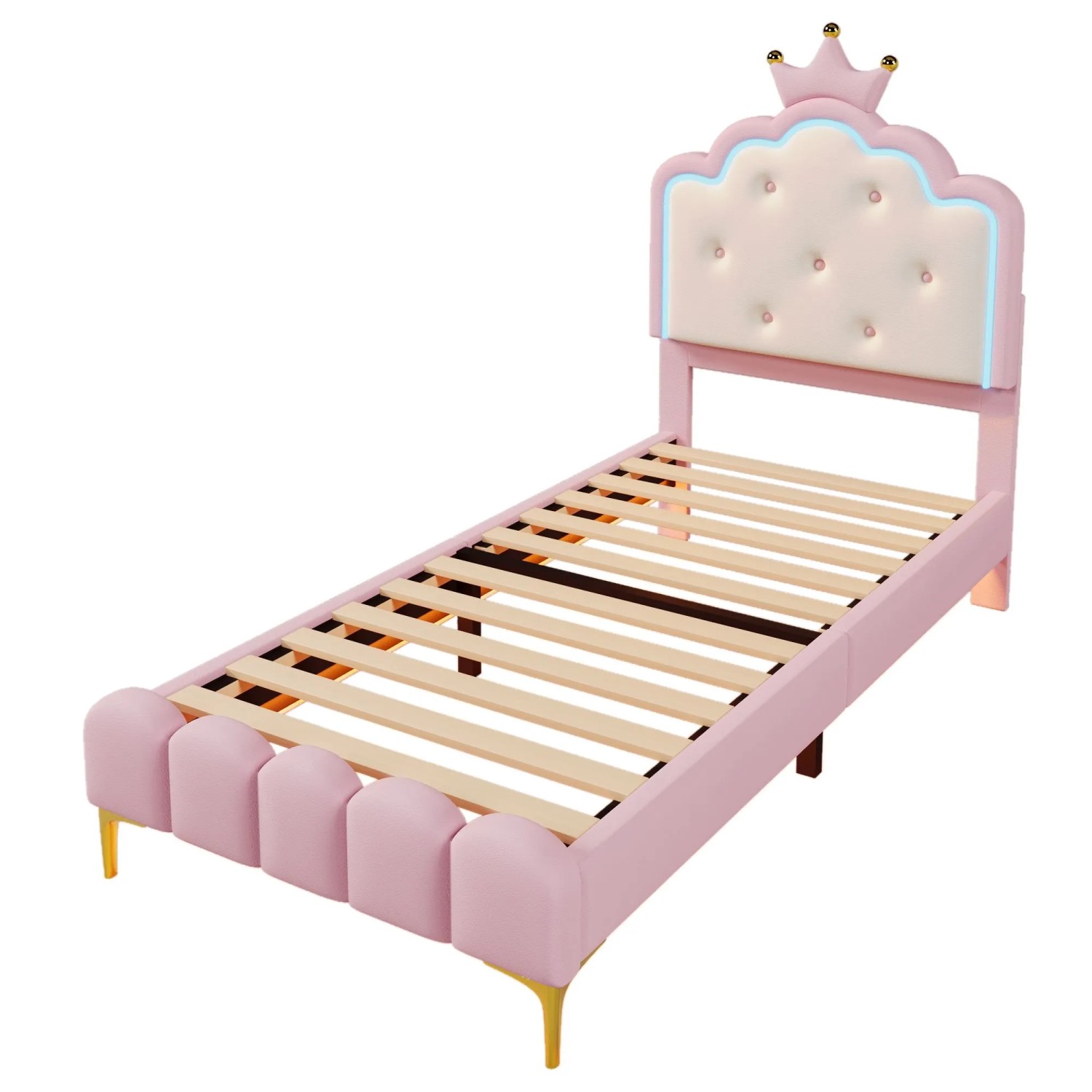 okwish Polsterbett 90x200cm mit LED Fernbedienung Kronenform Kinderzimmer Rosa ohne Matratze